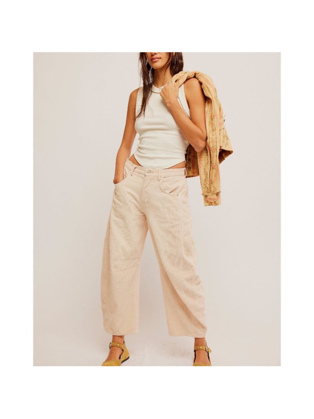 Free People Good Luck Mid Rise Cord Barrel Jeans Cream slouchy relaxed Sz 30 NEW